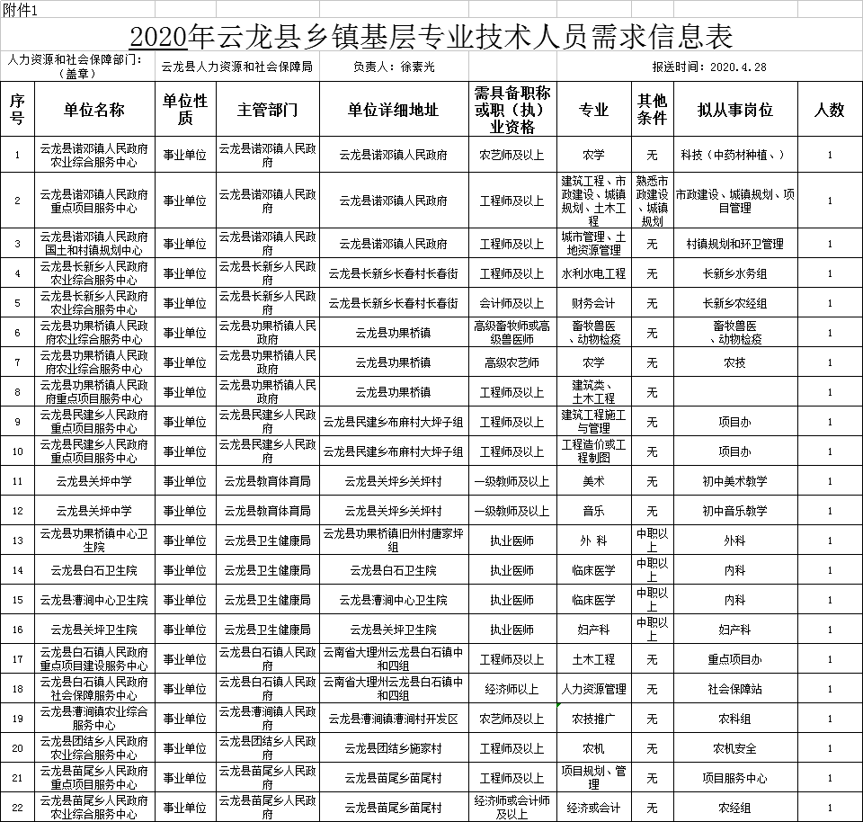 2020年云龙县乡镇基层专业技术人员需求信息表