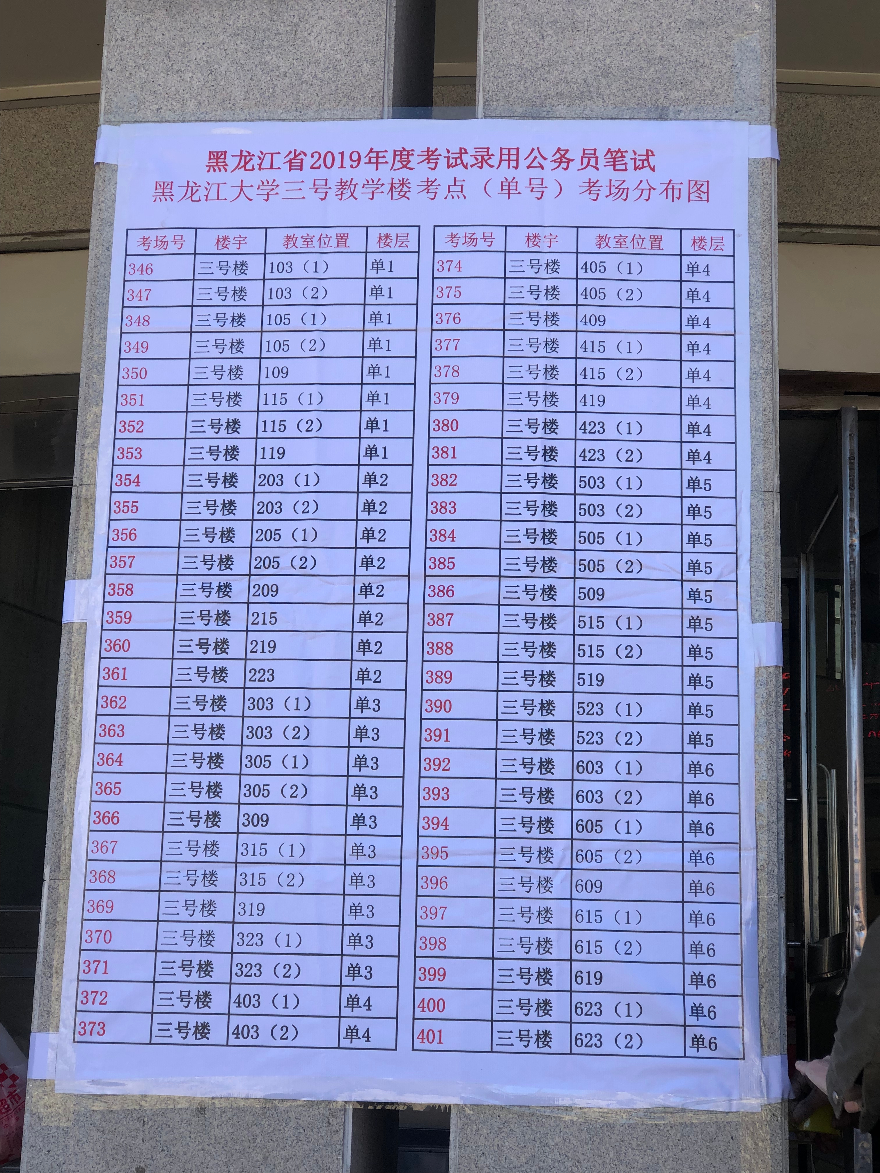 2019黑龙江公务员考试哈尔滨市考点考场分布图黑龙江大学c区三号楼