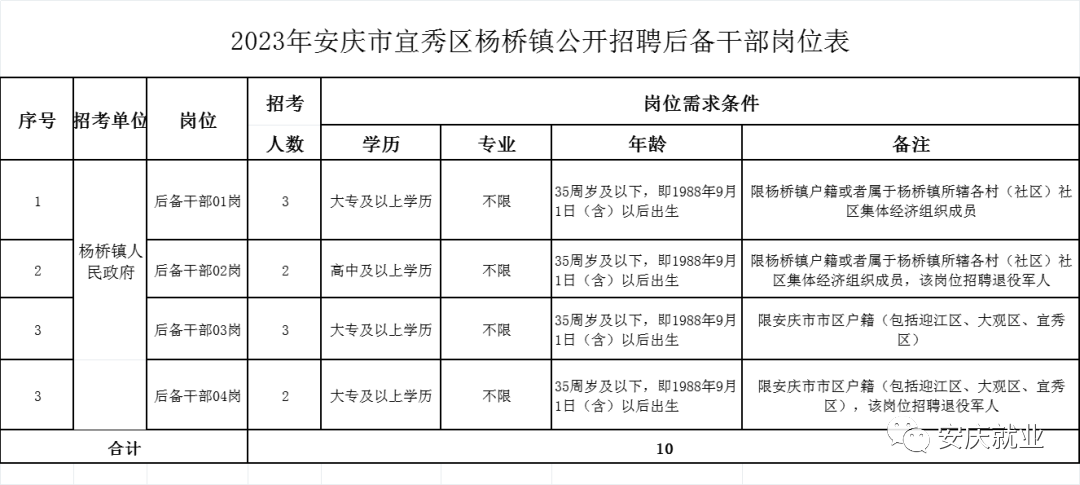 2023年安徽安庆市宜秀区杨桥镇公开招考村（社区）后备干部10名